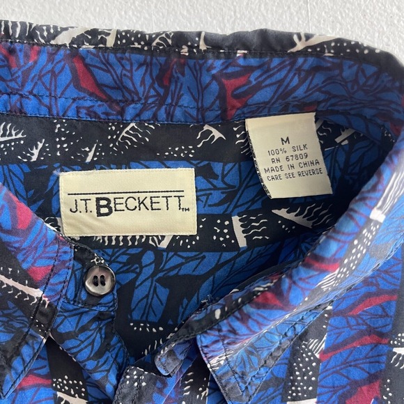 JT Beckett Hawaiian Silk Shirt Mens Medium Blue Leaf Geometric Retro Pattern Y2K - Picture 8 of 10
